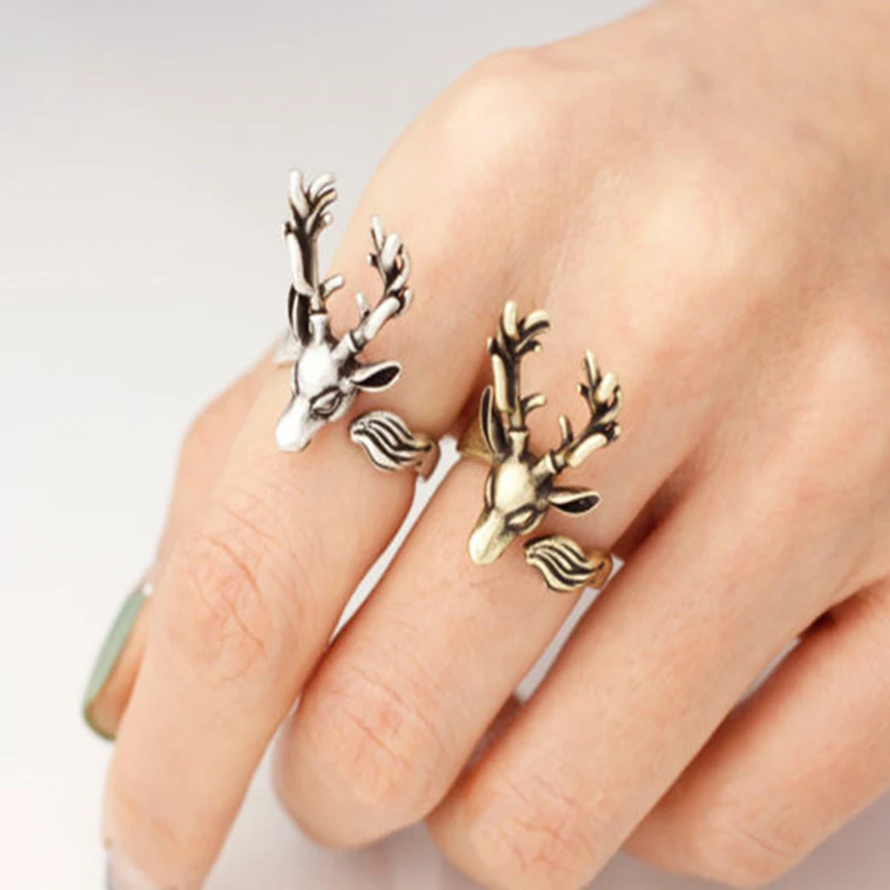 Винтаж Посеребренная пара дикий олень Кольцо Boho регулируемый средний палец
