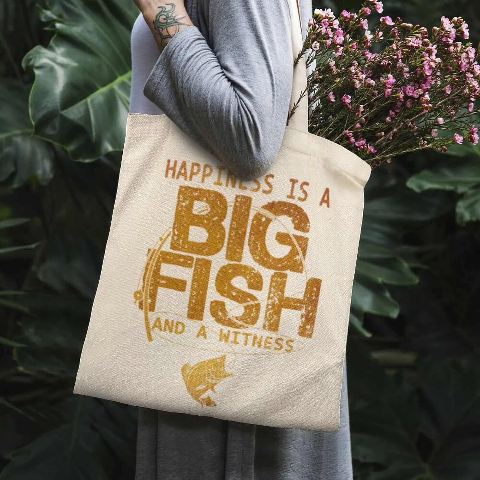 

HAPPINESS IS A BIG FISH Tote Bag White Canvas Bag Punk School Customizable