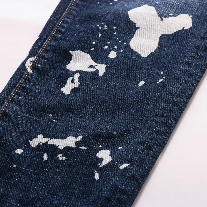 European American Street Fashion Men Jeans Retro Dark Blue Slim Fit Ripped Jeans Men Painted Designer Hip Hop Denim Punk Pants
