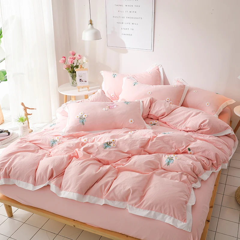 

Little Daisy Towel embroidery Washed Cotton Duvet Cover set 1.5m 1.8m bed fitted bed sheet home bedding set 4pcs four colors