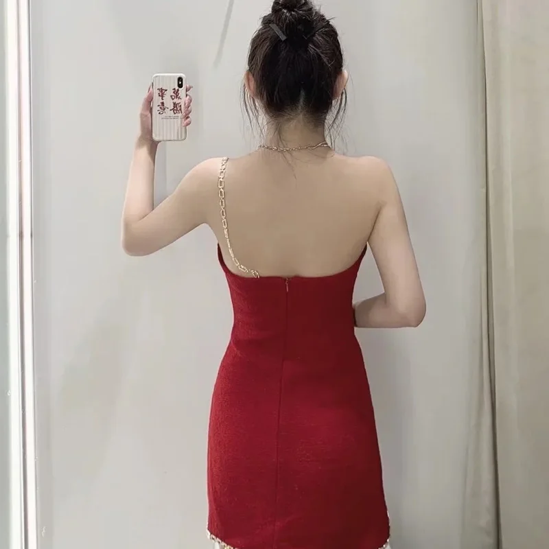 Женское твидовое платье с цепочкой на одно плечо открытой спиной | Женская одежда