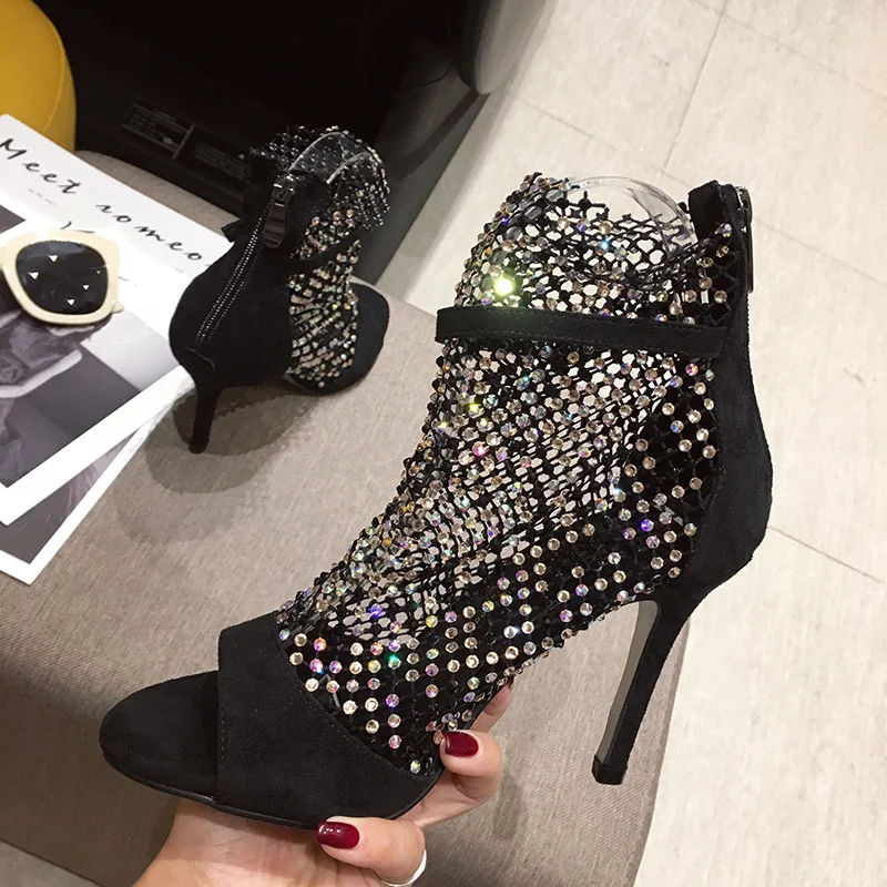 

Summer new fashion Roman sandals women stiletto high heels mesh wild fish mouth shoes rhinestone leather sandals