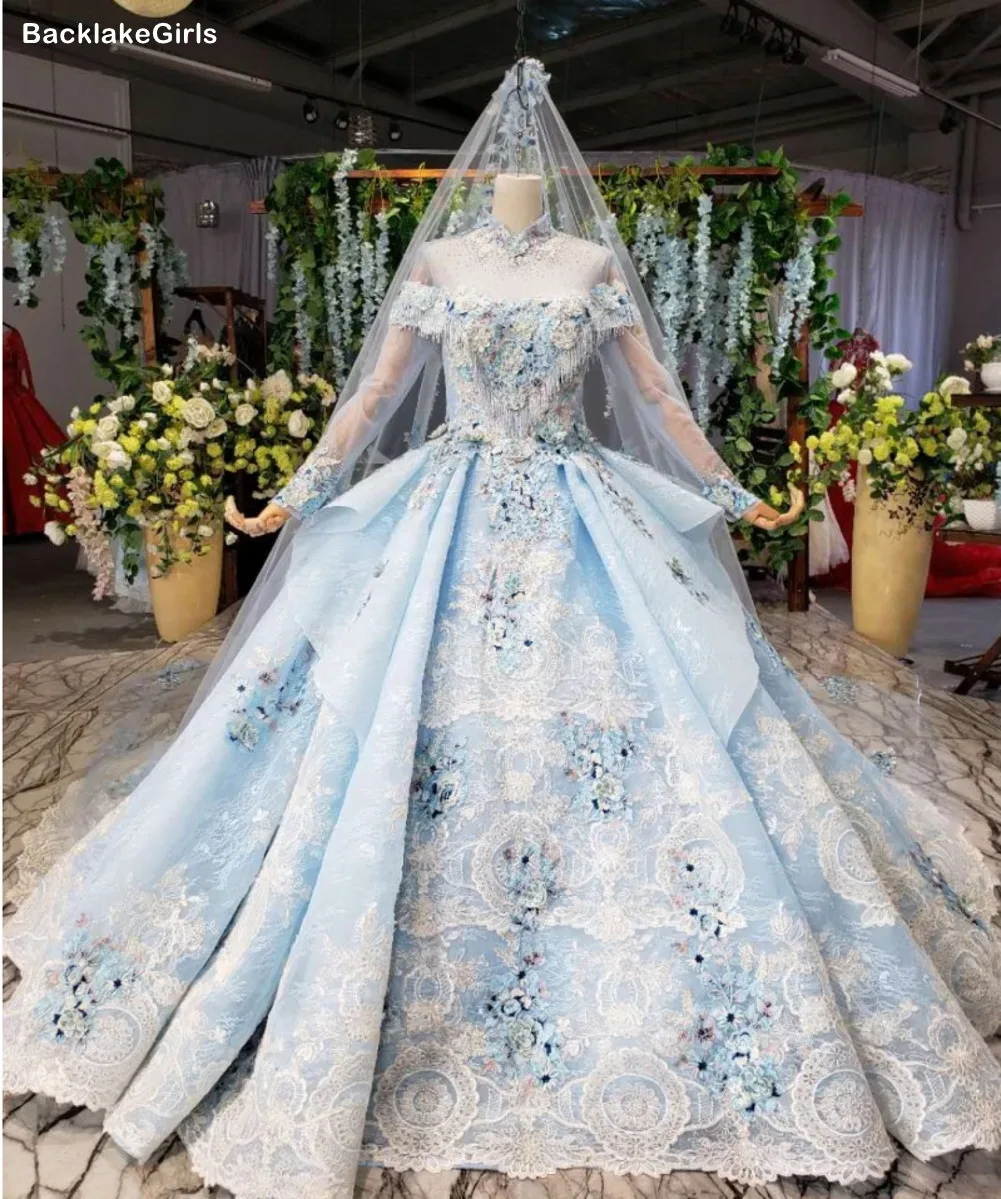 Элегантное свадебное платье с аппликацией цветы Иллюзия Высокая шея Тюль