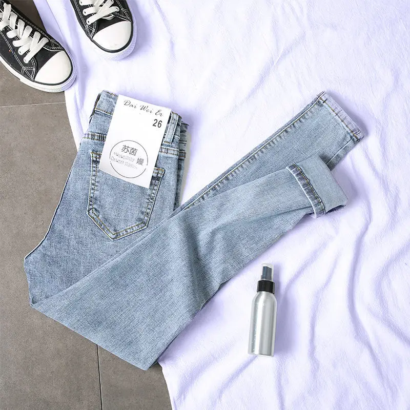 

Jeans female high waist thin versatile small light color nine point small foot tight elastic pencil black pants female