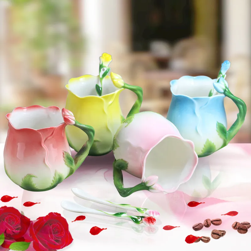 European Style Enamel Ceramic Coffee Mug Creative 3D Rose Flower Shape Teacups Pastoral 4 Colors Breakfast Milk Cups With Spoon | Дом и сад