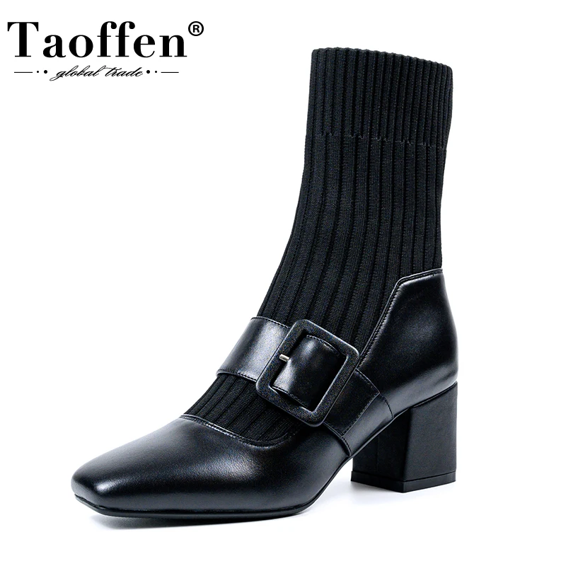 

TAOFFEN Woman Ankle Boots Real Leather Thick Heel Woman Winter Autumn Shoes Fashion Elegant Short Boots Woman Size 34-39