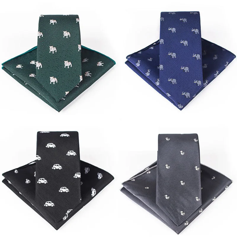 

GUSLESON Cartoon Printing 6cm Green Black Tie Set For Men Necktie Handkerchief Set for Wedding Business Party Formal Gift