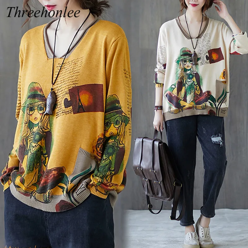 

Women Knit Sweater Fashion Vintage Autumn 2021 Long Sleeve V-Neck Loose Cartoon Print High Quality Office Lady Casual Tops