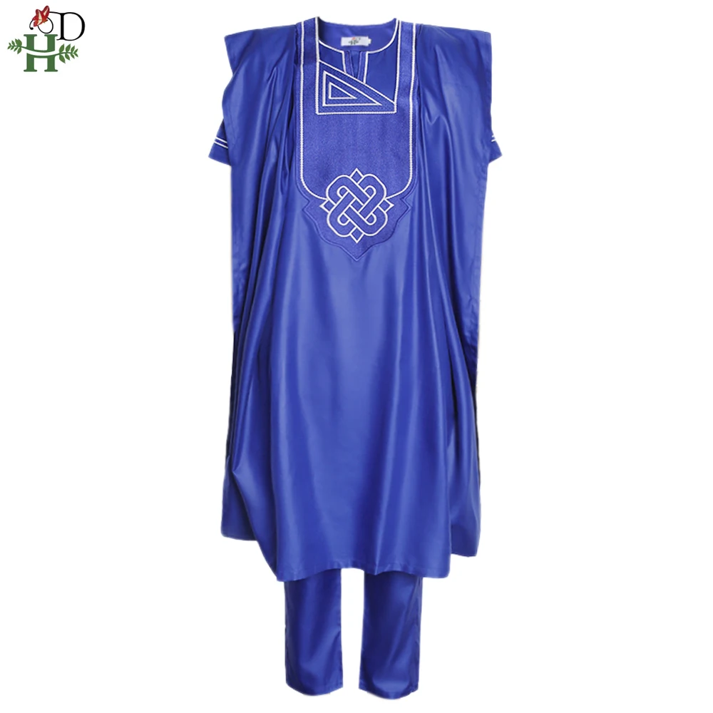 Мужская африканская одежда H & D синий костюм Agbada рубашка брюки комплект из 3
