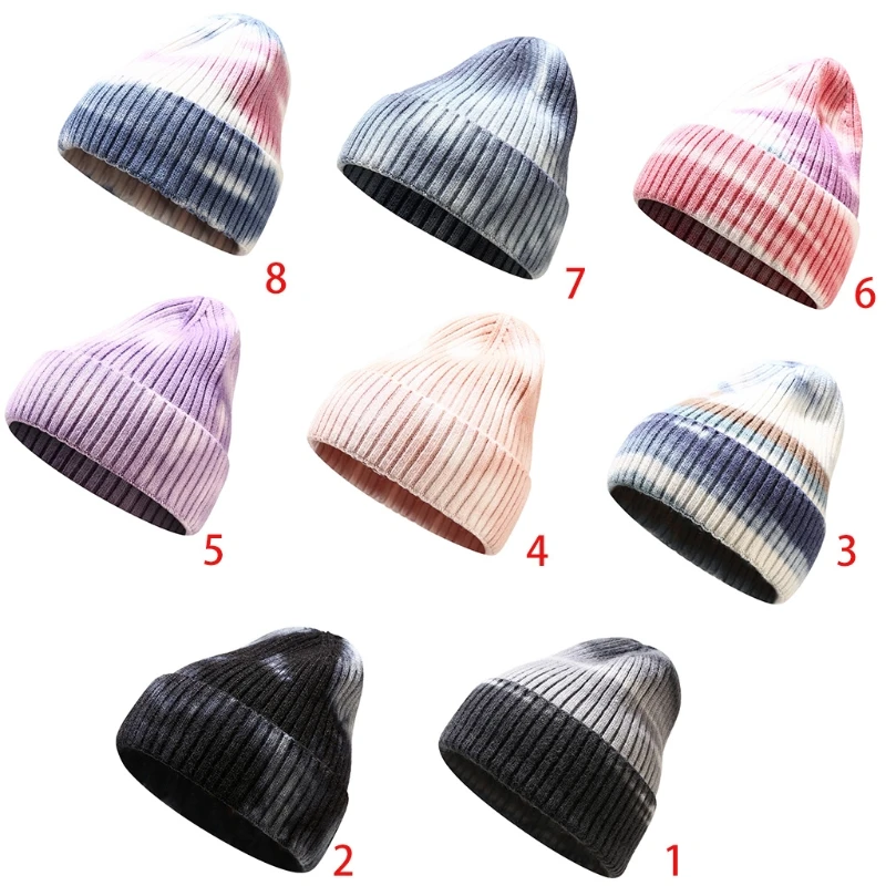 

Unisex Winter Warm Ribbed Knit Beanies Hat Gradient Tie-Dye Harajuku Hip Hop Outdoor Sport Ski Stretch Cuffed Skull Cap