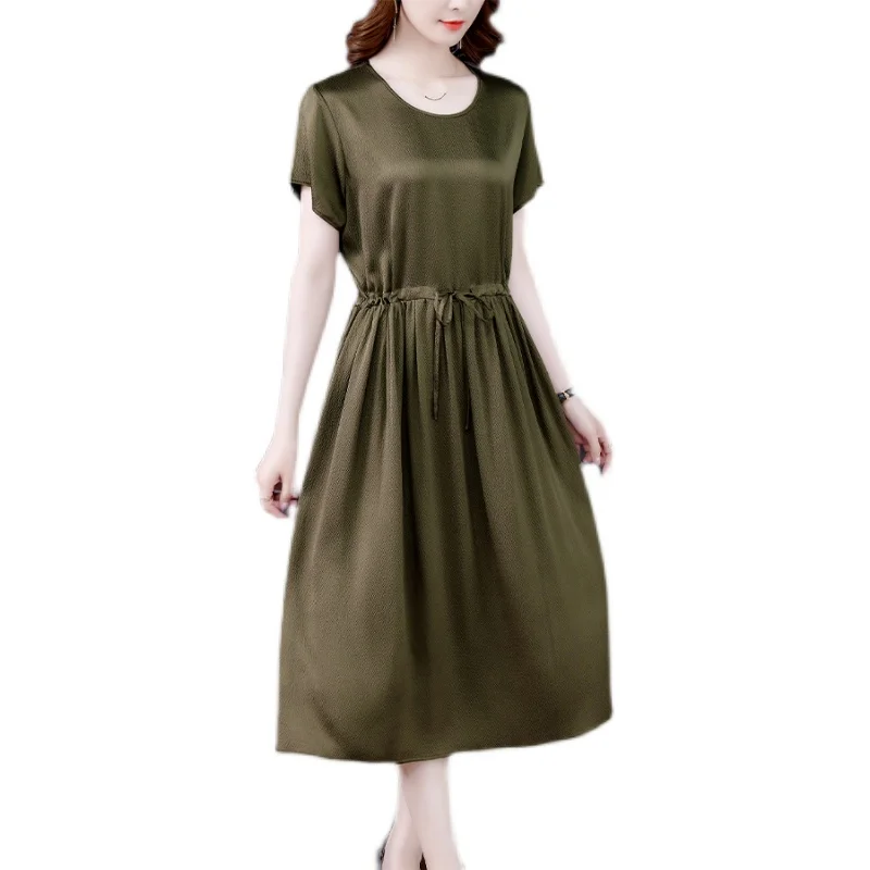 

COIGARSAM 4XL Plus Size Women dress New Summer Pearl High Waist Dresses Black Green 6287