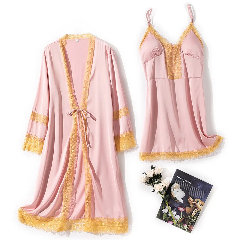 

Women Nightdress Satin Sleepwear 2 Piece Robe Sets Nightwear Lace Kimono Bathrobe Gown Silky Nightgown Bridal Wedding Gift