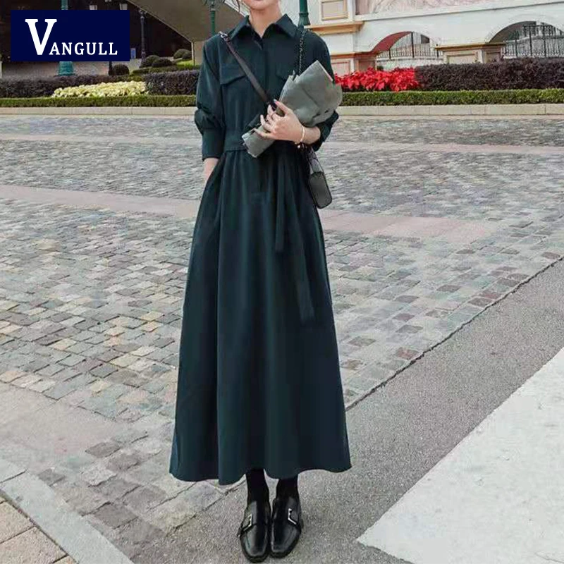 Темно зеленое вельветовое платье Vangull с длинным рукавом женское новое во французском стиле высокой талией