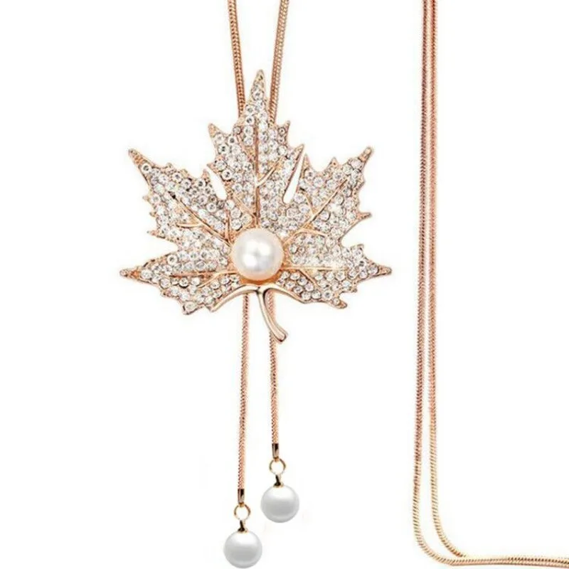 

High Quality Luxury Long Simulated-pearl Leaf Pendant Necklace Women Birthday Jewelry Accessories Crystal Animal Sweater Chain