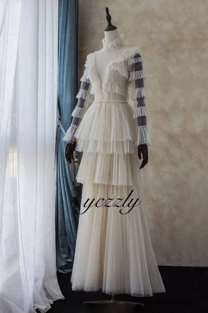 

Vestidos De Novia 2020 Fashion High Neck Long Sleeves Lace Beach Wedding Dresses Plus Size Tiered Pleat Bride Dresses Y86