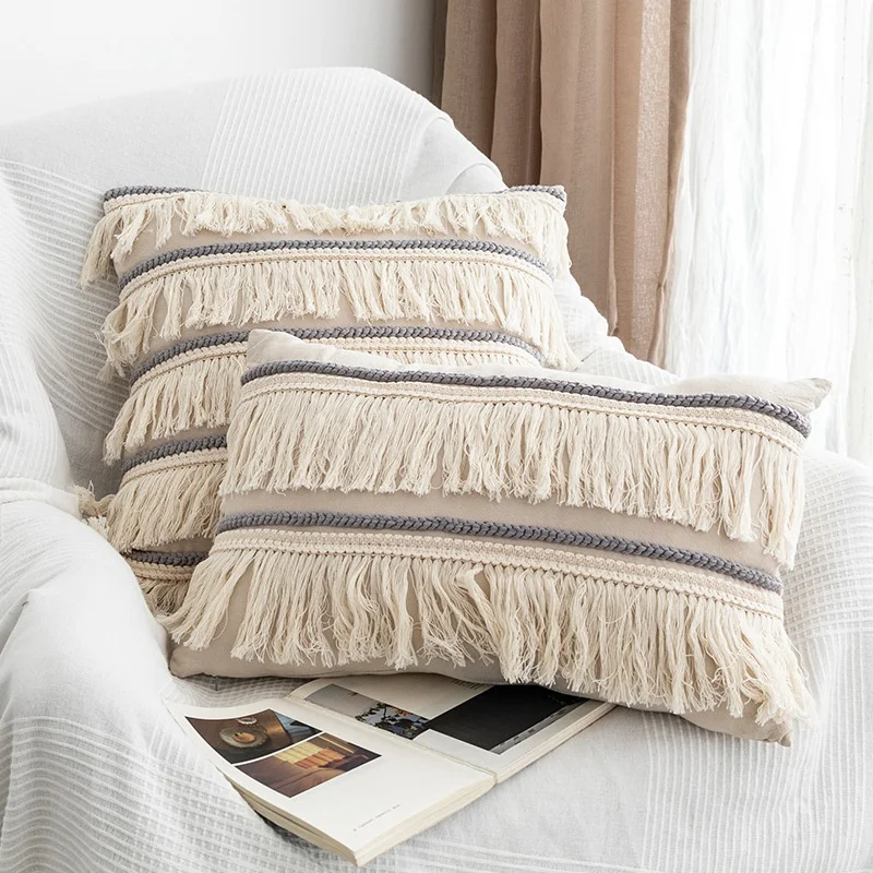 

Boho Pillow Case Cushion Cover Fronha Cotton Linen Back Support Pillowcases Decorative Macrame Tassel Home Office Pillows Covers