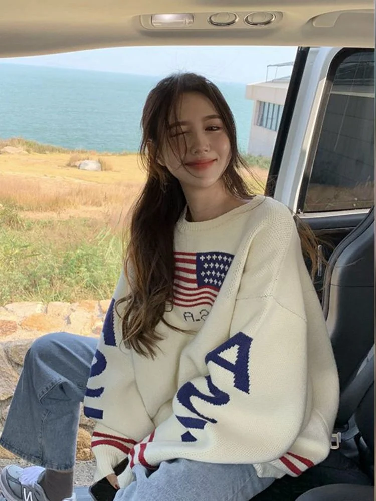 

Новая осенне-зимняя Свободная верхняя одежда в гонконгском ретро-стиле пуловер с принтом флага и надписью ленивый и Универсальный японский...