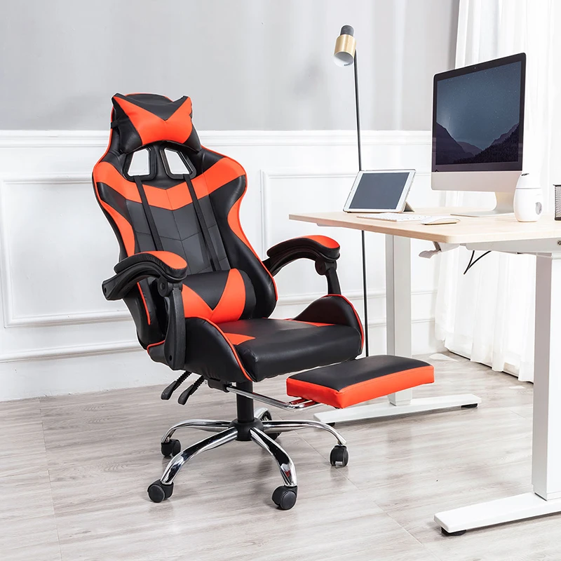 

Steel computer chair with foot rest, ergonomic computer chair with foot stool, leather rotary table game chair