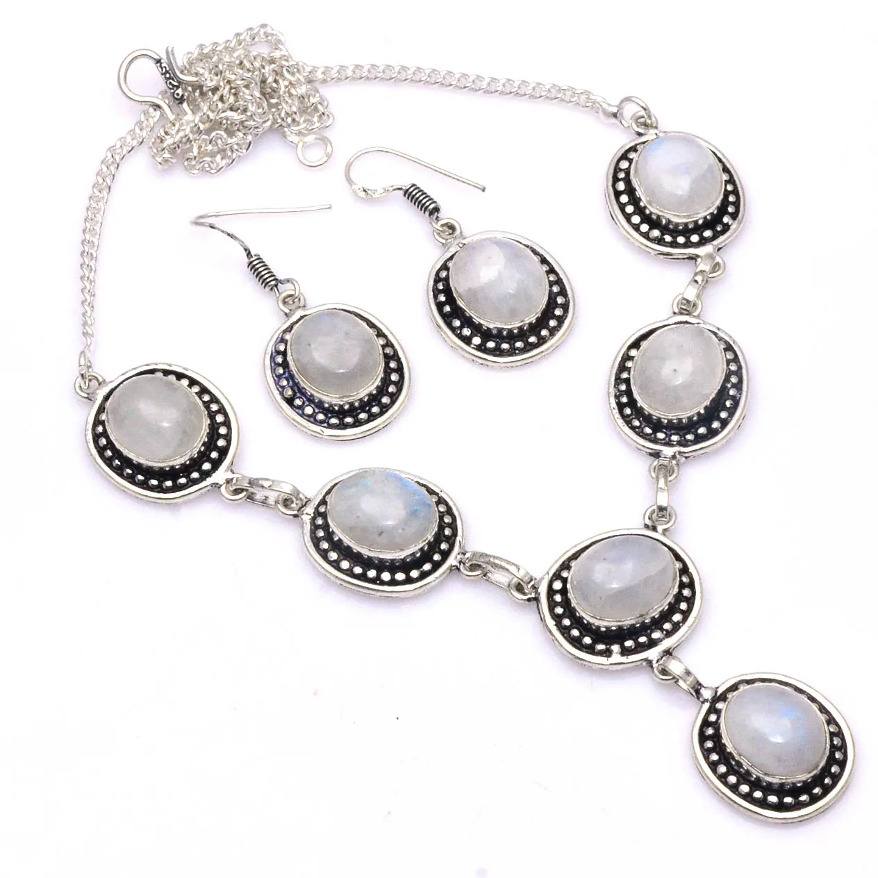 

Genuine Rainbow Moonstone Necklace + Earings Silver Overlay over Copper, 50 cm , N4648