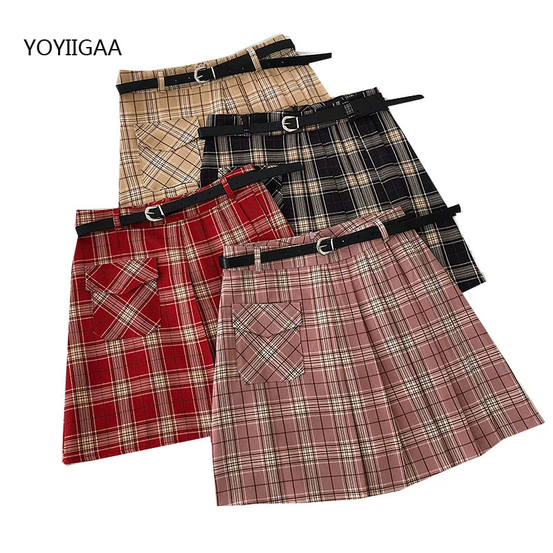 Летняя женская плиссированная юбка с высокой талией трапециевидная клетчатая