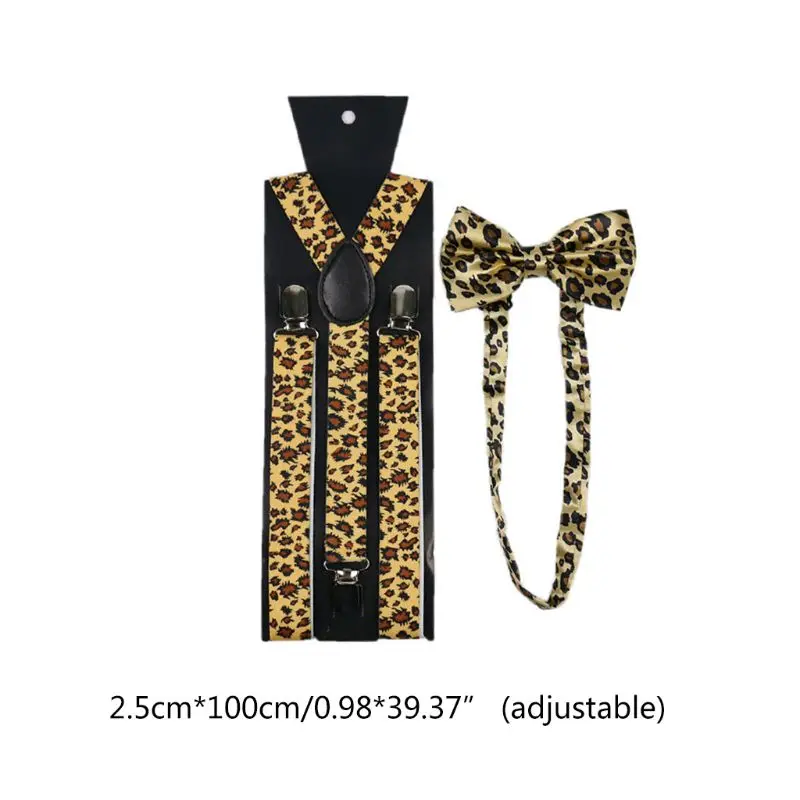 

2020 New Unisex Suspender Bow Tie Set Wide Leopard Print Adjustable 3 Clip-On Y-Back Belt