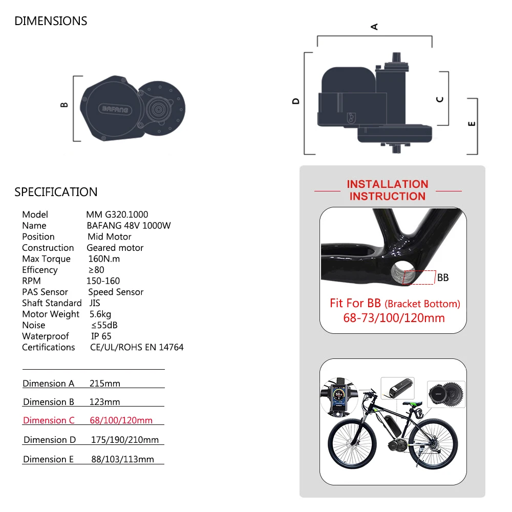 

Bafang 52V 1000W BBSHD 40T 42T 44T 46T BB 68-73MM Mid Drive Motor Electric Bicycle Conversion Kits 8FUN E-Bike Motor Display