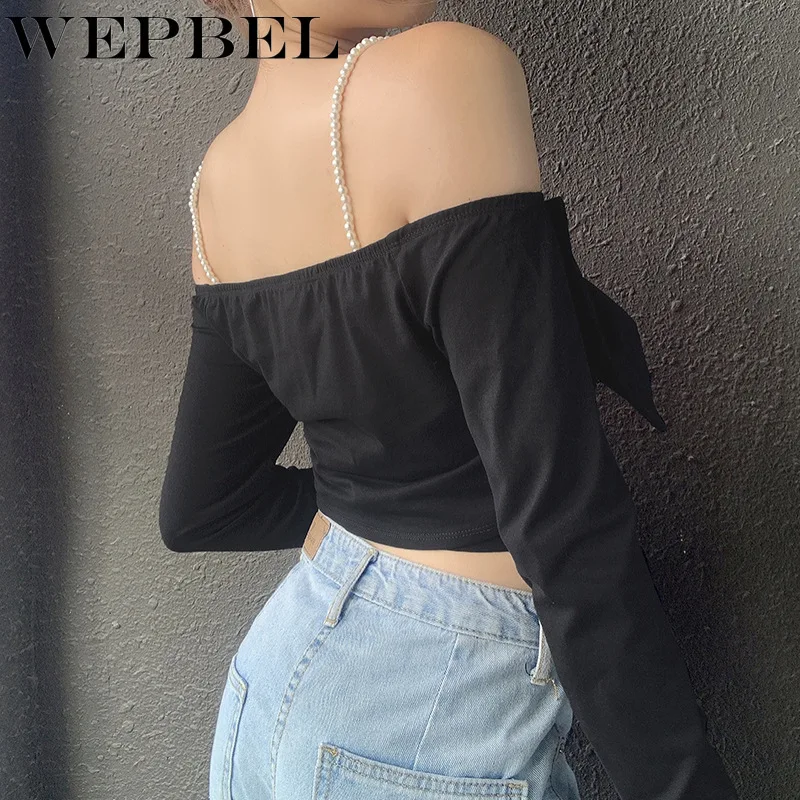 

WEPBEL Women Sexy Off Shoulder Bow Tie Sling Crop Top Casual Ladies Elegant Long Sleeve Autumn Short Shirt