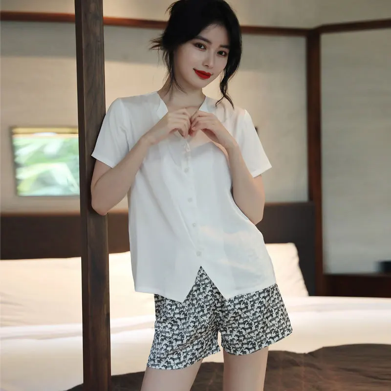 

Pajamas With Shorts Summer Button-Down Sleepwear Femme Satin Nightwear Home Clothes Lapel Loungewear Comfy Intimate Lingerie
