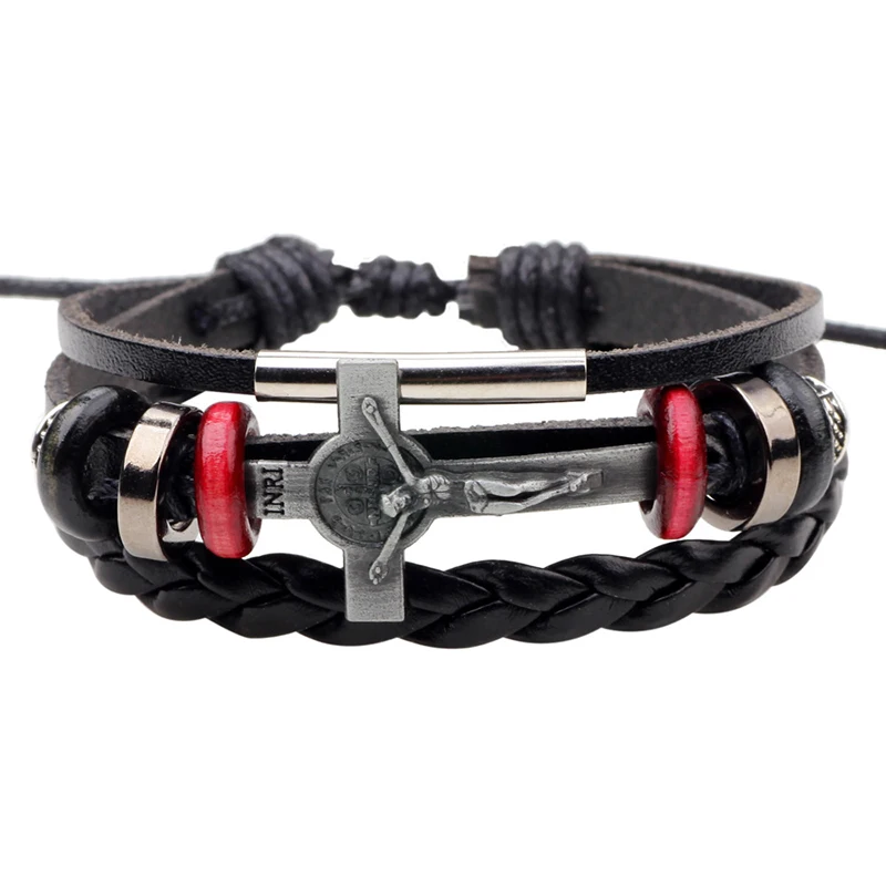 

Hot Sale Jesus Cross Leather Bracelet Handwave With Beads Mult-Layer Cowehide Adjustable Matel Base Bracelet Wholsale Supplier