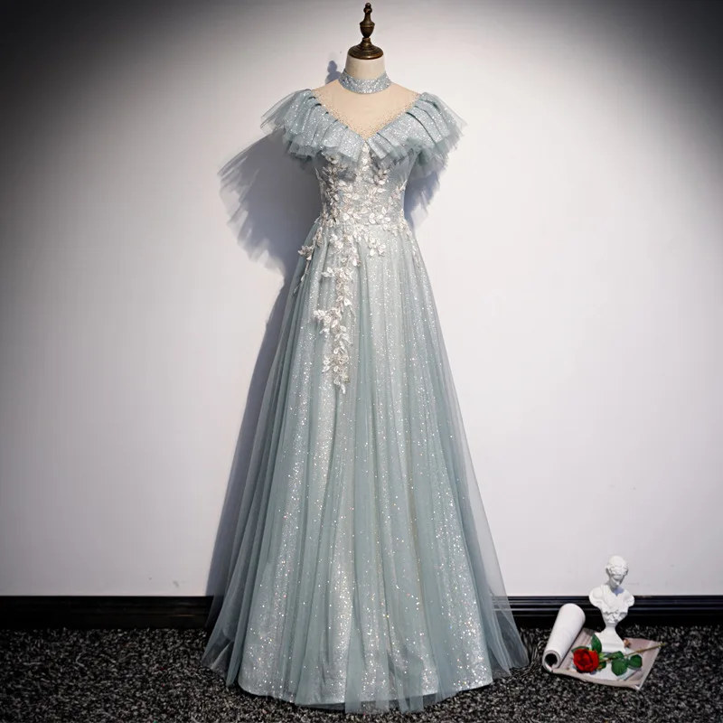 

Blue Dream Female QiapoTemperament Cheongsam Elegant Evening Party Dress Embroidery Banquet Robe De Soiree Vestidos