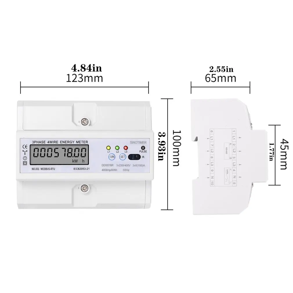 

SINOTIMER DDS578R 3 Phase 4 Wire LCD5-100A 380V AC 50Hz RS485 Modbus Rtu DIN Rail Digital Power Meter