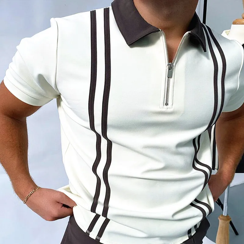 

2021 New Casual Striped Short Sleeve Men's Polos Shirts Summer Fashion Patchwork Zipper Tee Shirt Male Breathable Sports Tops