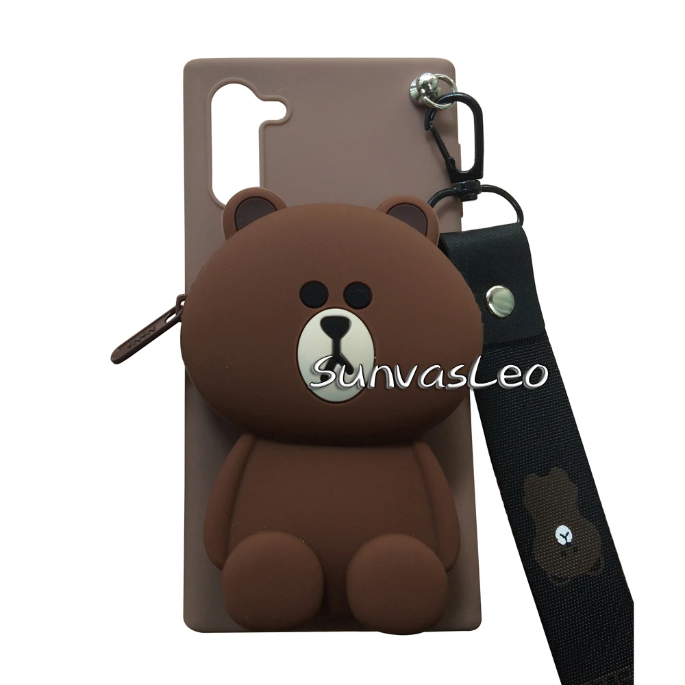 Brown Bear 3D кошелек для samsung Galaxy Note 10/Note 10 Plus, мягкий силиконовый чехол с изображением животных из мультфильма, чехол-кошелек, чехол для телефона с цепочкой и кабелем - Цвет: Brown Bear