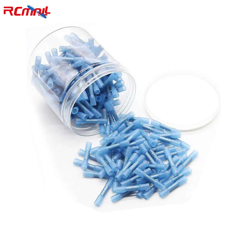 

RCmall 200PCS Blue Heat Shrink Butt Electrical Connectors 16-14 AWG Waterproof Insulated Marine Crimp Wire Terminals Kit