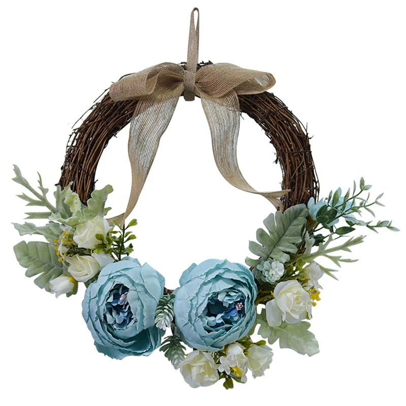 

Artificial Blue Peony Flower Wreath Door Wreath with Green Leaves Spring Wreath for Front Door Wedding Wall Home Decor