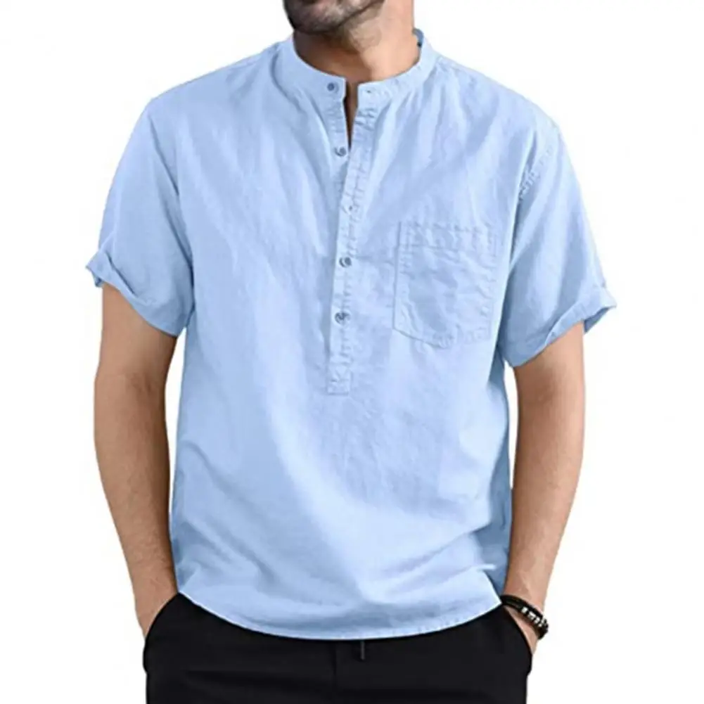 

2021 Men Shirts Cotton Linen Button Down Stand-Up Collar Summer Short Sleeve Loose Blouse Plain Over sized Shirt with Pocket