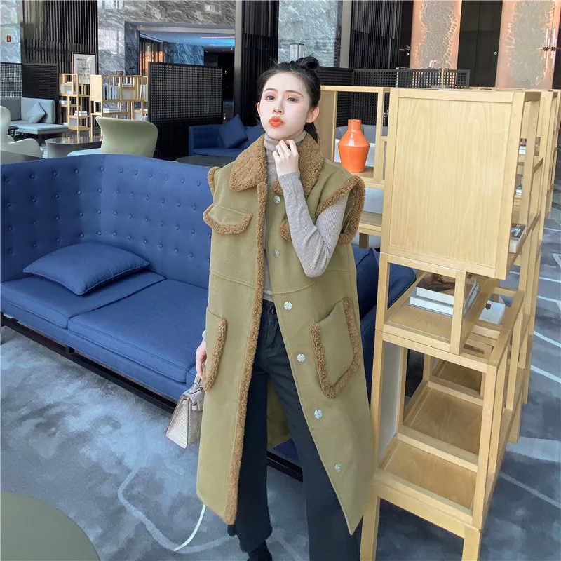

Women Winter Long Warm Lamb Hair Jacket Vest Turn Down Collar Sleeveless Thick Fur Fashion Waistcoat All-match Outwear Coat