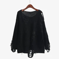 women fashion side zipper ripped black sweater long sleeve loose casual hollow out knit pullover o neck holes knit tops jumper