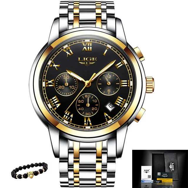 S-gold black LIGE мужские часы, военные Роскошные брендовые часы, мужские кварцевые часы из нержавеющей стали, модные часы с хронографом, мужские часы - Цвет: S-gold black