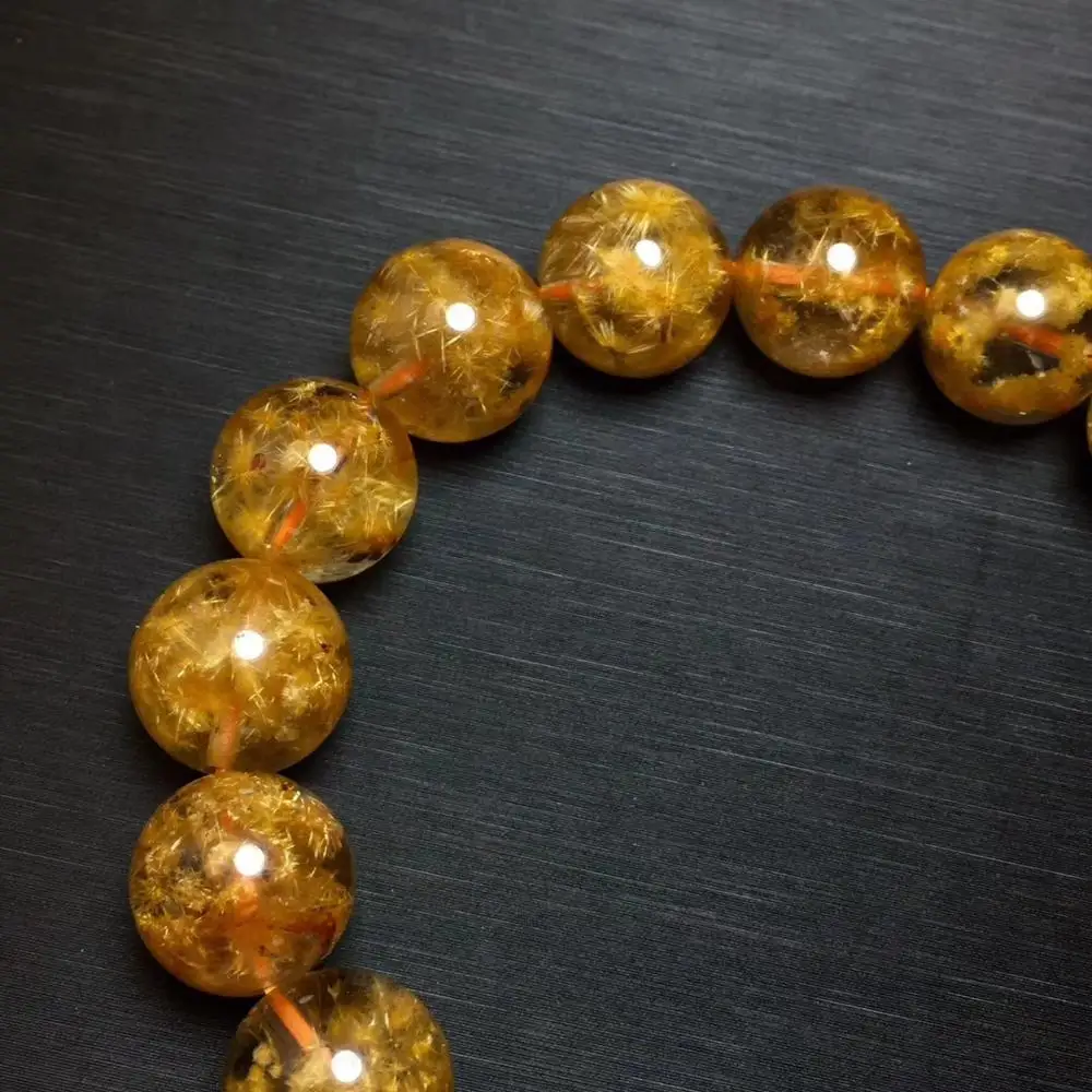 

12.5mm Natural Brazil Gold Rutilated Bracelet For Woman Man Sun Flower Crystal Round Beads Stretch Jewelry AAAAAA Certificate