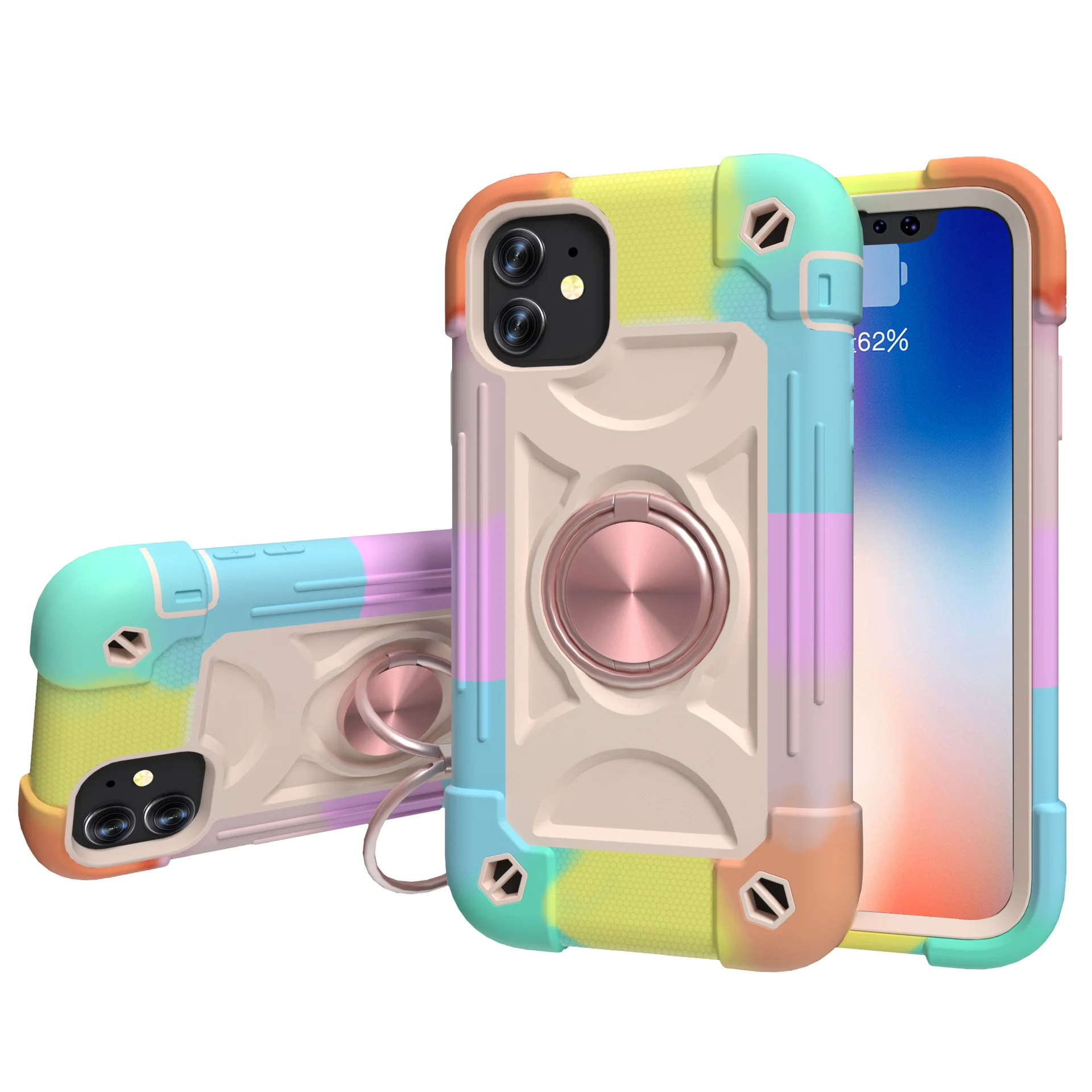 

Suitable for Apple iphone 12 mobile phone case colorful three proof ring silicone + PC mobile phone case soft case