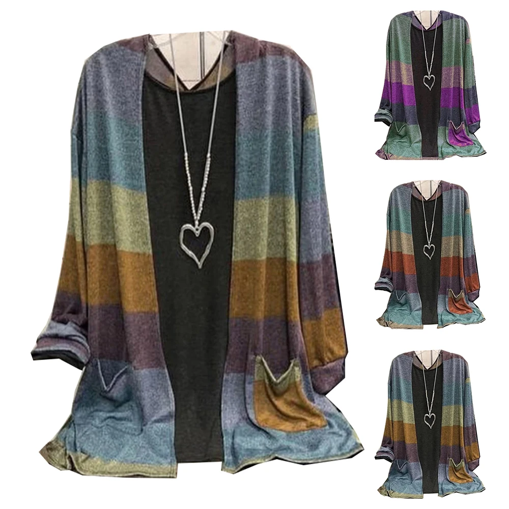 

Женский кардиган в полоску, с длинным рукавом и карманами