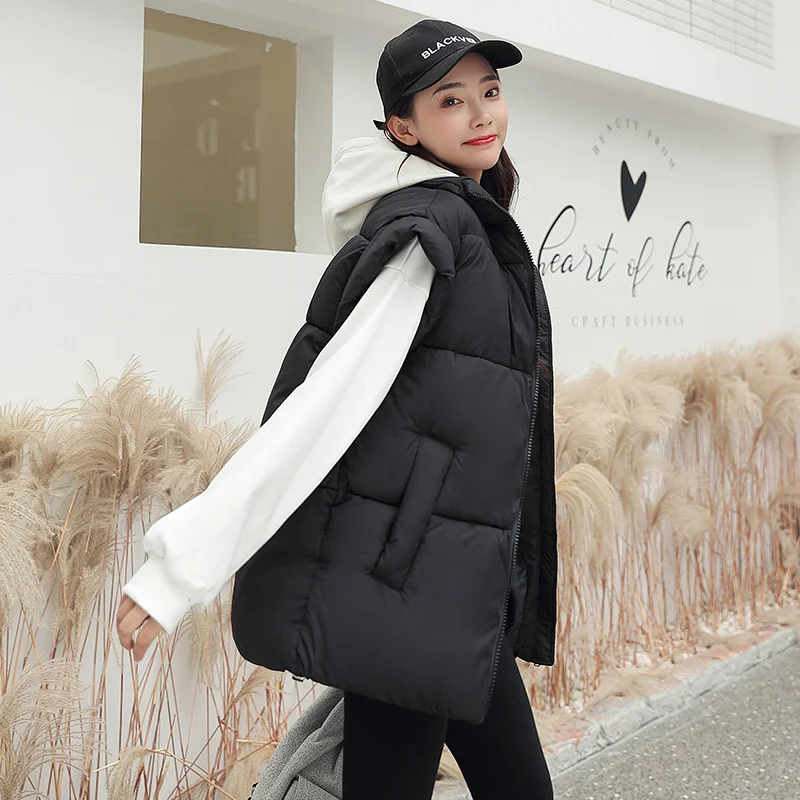

Women Thick Down Cotton Vest Winter Autumn Solid Puffer Waistcoat for Female Stand Collar Loose Sleeveless Vest Jacket Coat