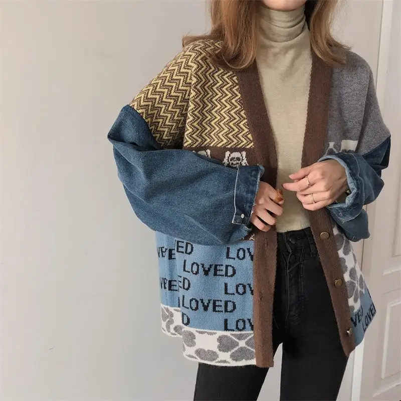 

Vintage Knitted Cardigan Sweater Women Patchwork Denim Coat V Neck Long Sleeve Knitwear Loose Casual Outwear Female Tops Y760
