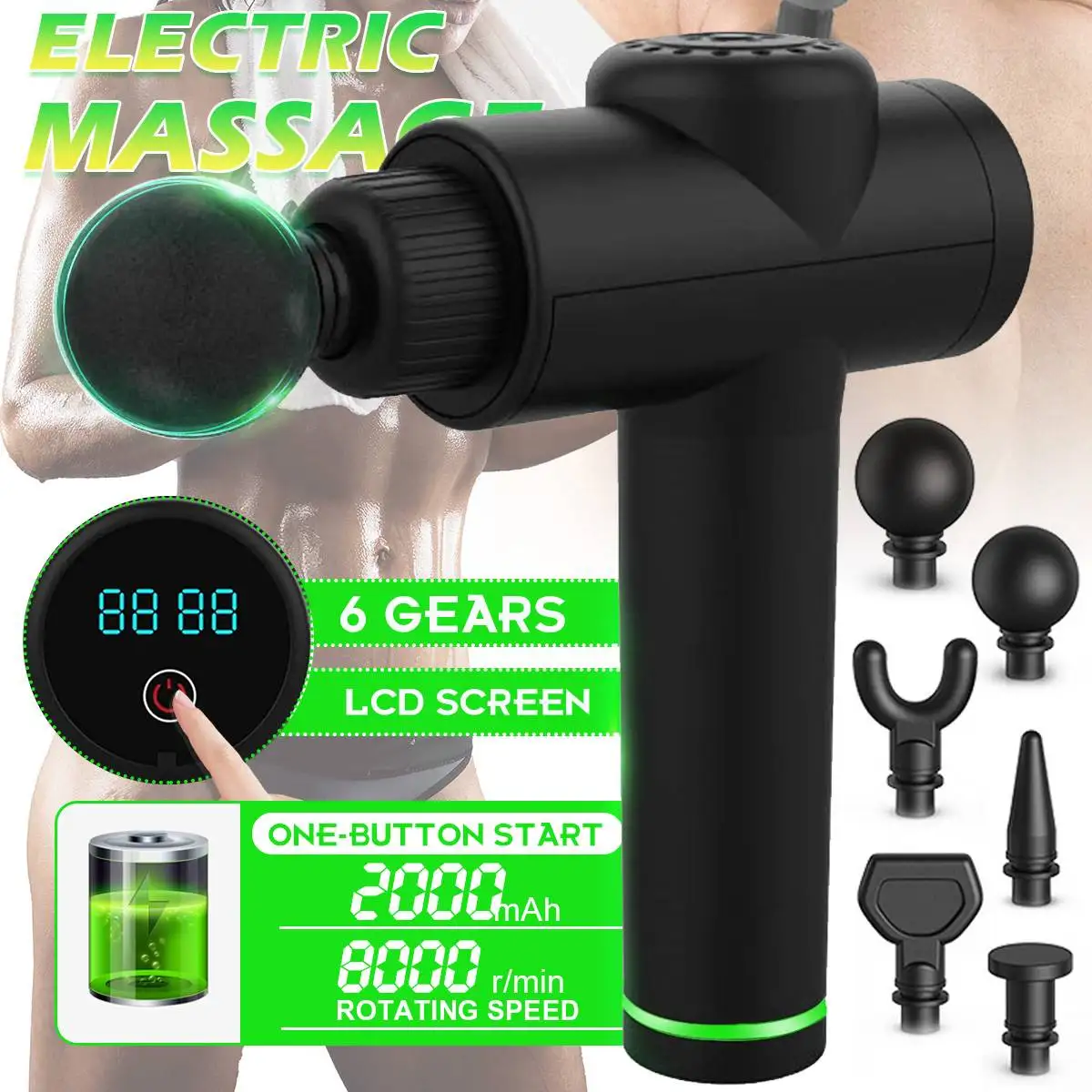 

8000 r/min LED Massage Gun for Body Fitness 6 Head Massager High Frequency Deep Muscle Fascial Gun Pain Relief Body Relaxation