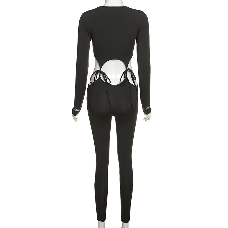 

YiDuo Solid Color Patchwork Lace Up Jumpsuits Women Long Sleeve Hollow Out Sexy Rompers Skinny Club Party Jumpsuit 2020 Winter