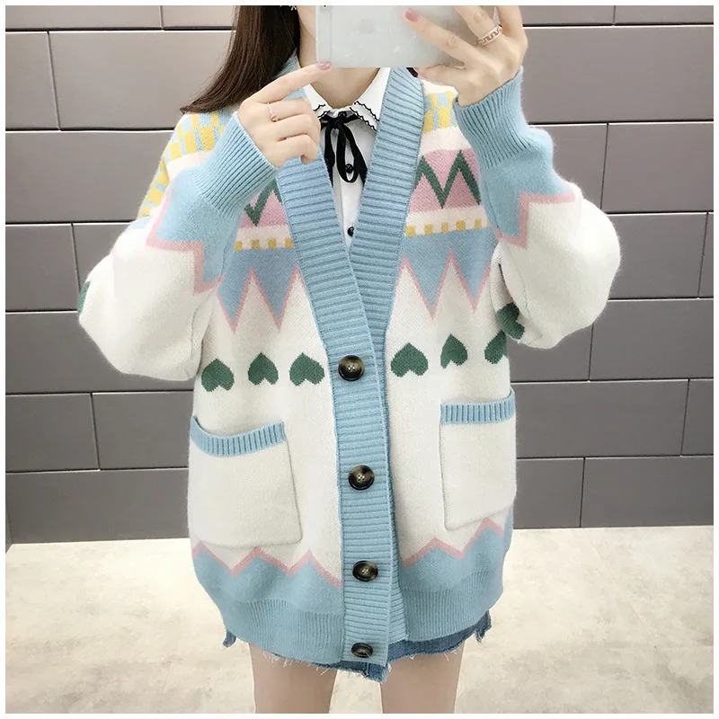 

2021 Autumn Women Cardigans Long Sleeve Pocket Kawaii Sweater Coat Women Loose Casual Cute Kint Cardigans Women Mujer Chaqueta