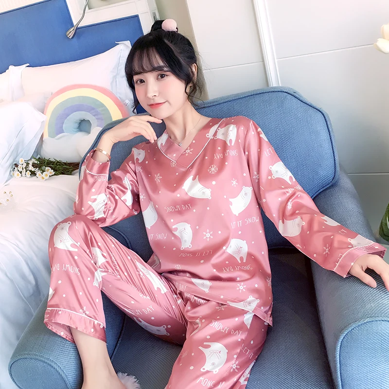 Осенняя Шелковая пижама с длинным рукавом для женщин pijama mujer, милый пижамный комплект с мультяшным принтом, домашняя одежда, длинные штаны, сексуальные пижамы