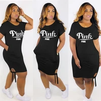 solid color pink letter print round neck short sleeve casual dress women side drawstring casual streetwear outfits s xxxl