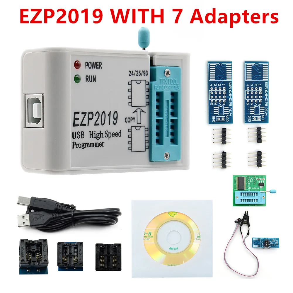 Новейший EZP2019 высокоскоростной USB SPI программатор+ 5 адаптеров Поддержка 24 25 93 EEPROM 25 флэш-чип биос+ SOIC8 зажим